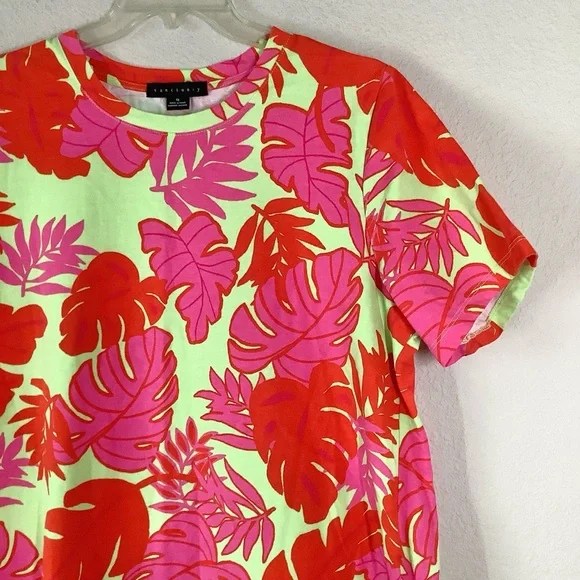 SANCTUARY Tropical Palm Print T-Shirt Dress 1X Pink Chartreuse Resort Vacation - Picture 5 of 9